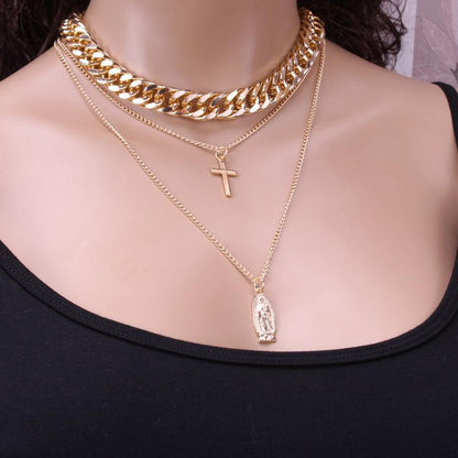 Jewelry Personality Thick Chain Punk Rock Portrait Retro Necklace Exaggerated Cross Multilayer Necklace