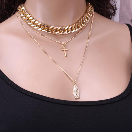 Jewelry Personality Thick Chain Punk Rock Portrait Retro Necklace Exaggerated Cross Multilayer Necklace