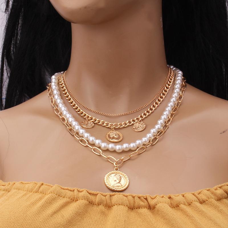 Jewelry Retro Multi-layer Beaded Chain Fashion Necklace Simple Portrait Imitation Pearl Multi-layer Necklace