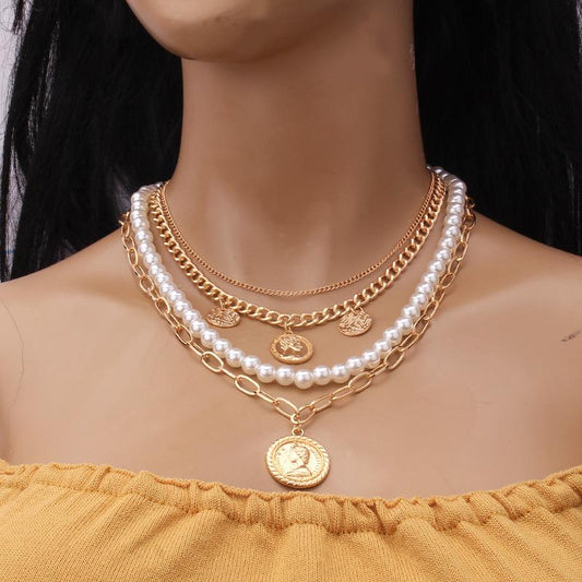 Jewelry Retro Multi-layer Beaded Chain Fashion Necklace Simple Portrait Imitation Pearl Multi-layer Necklace