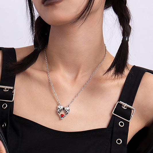 Jewelry Sweet Cool Skull Hollow Heart Shape Micro-inlaid Necklace Female Personality Dark Pendant Necklace