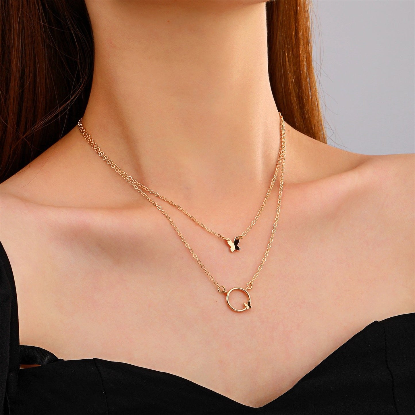 Simple double-layer butterfly necklace ins niche design net red sweet clavicle chain retro stacked necklace
