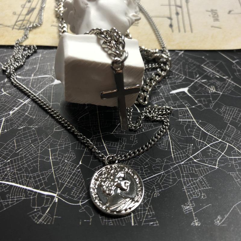 Hip-hop multi-layered cross necklace retro beauty head collarbone chain sweater chain accessories cool and handsome hipster pendant