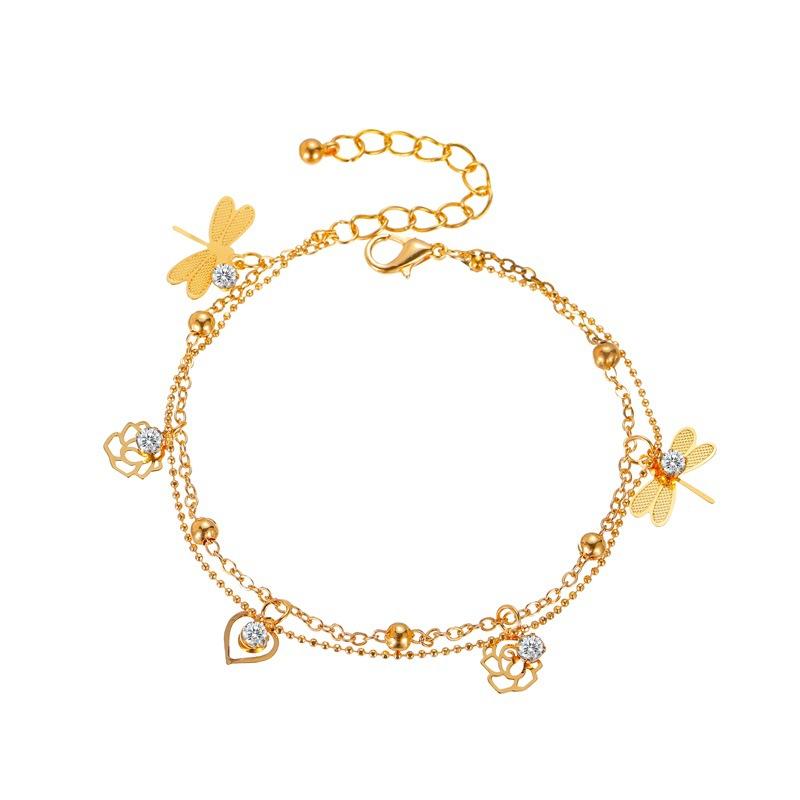 Summer Beach Foot Decoration Temperament Rose Dragonfly Anklet Fashion Ladies Double Layer Anklet