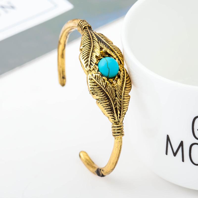 Vintage Turquoise Feather Leaf Cuff Bracelet