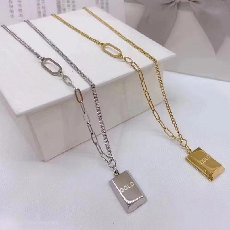 Lucky and rich small gold bar square brand necklace women's light luxury niche titanium steel clavicle chain year tide does not fade