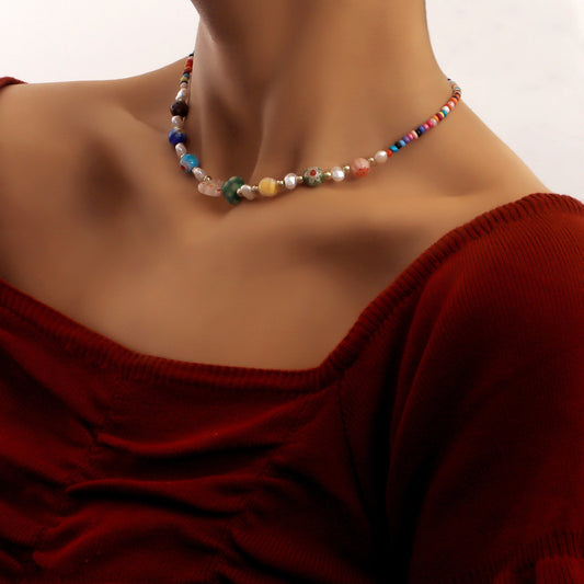 Jewelry Bohemian Fairy Color Rice Bead Glass Flower Love Freshwater Pearl Necklace Female