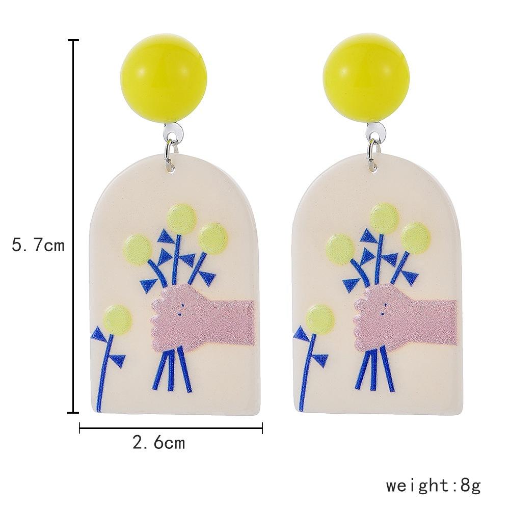 Ins fresh oil painting lattice earrings acrylic plate creative graffiti hand grasping flower earrings jewelry