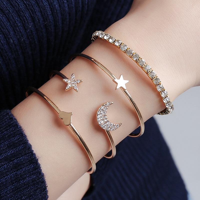 Jewelry simple fashion star moon diamond inlaid glossy peach heart star bracelet four-piece set of jewelry