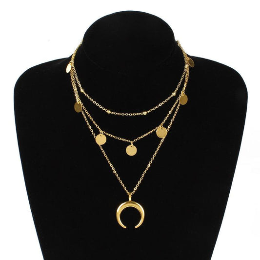 Fashion Jewelry Fashion Horn Circle Pendant Multilayer Bead Necklace For Women