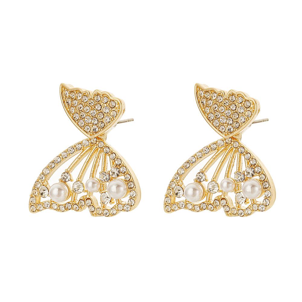 Fashion ol magazine ladies fresh and minimalist atmosphere full of diamonds pearl butterfly wing earrings