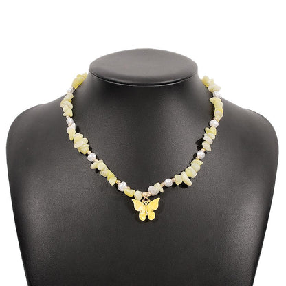 N9967 Net Red Necklace Female Xiaoxiang Retro Contrast Color Collarbone Necklace Imitation Pearl Butterfly Beaded Necklace