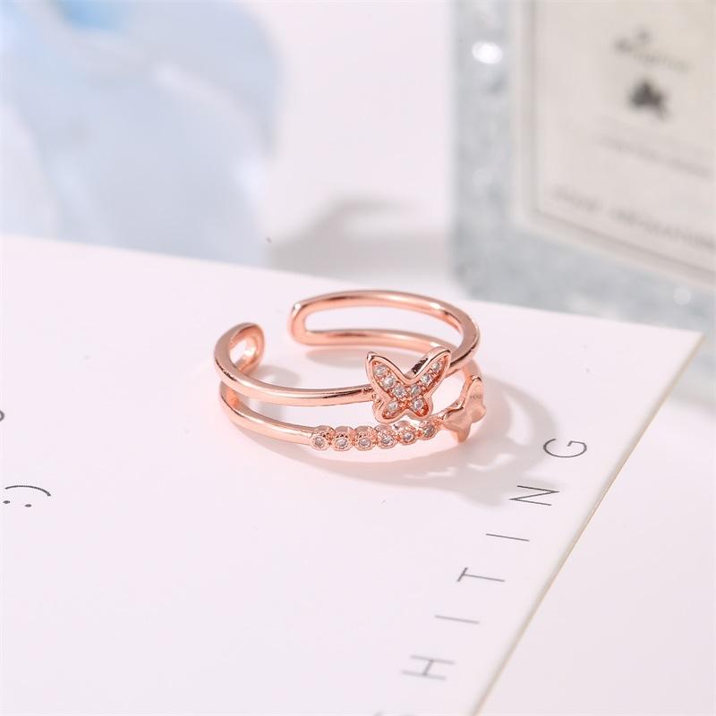 Fashion Jewelry Double Butterfly Ring Women's Popular Rose Gold Diamond Opening Adjustable Ring