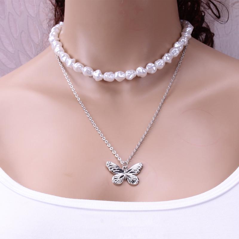 Jewelry personality female worker string Baroque pearl necklace temperament ins multi-layer butterfly necklace