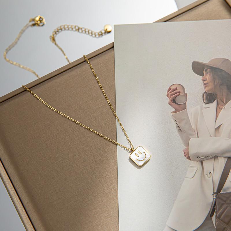 Titanium steel white mother-of-pearl smiling face square necklace female niche design simple and versatile accessories high-end collarbone chain