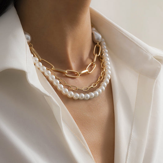 Jewelry Temperament Baroque Shaped Imitation Pearl Necklace Retro Hip Hop Geometric Chain Necklace Female