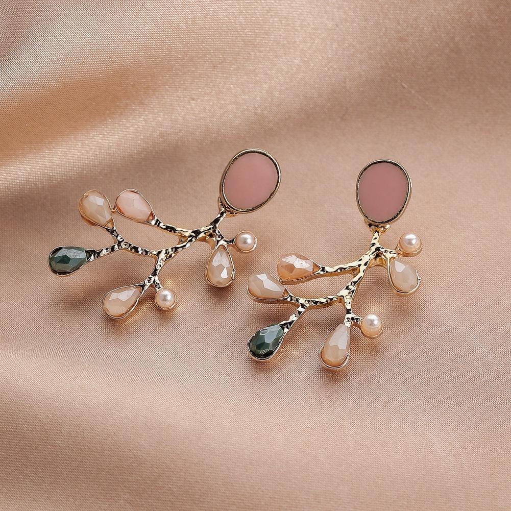 Temperament drop oil water drop resin pearl branch earrings small fresh pastoral forest series ladies earrings