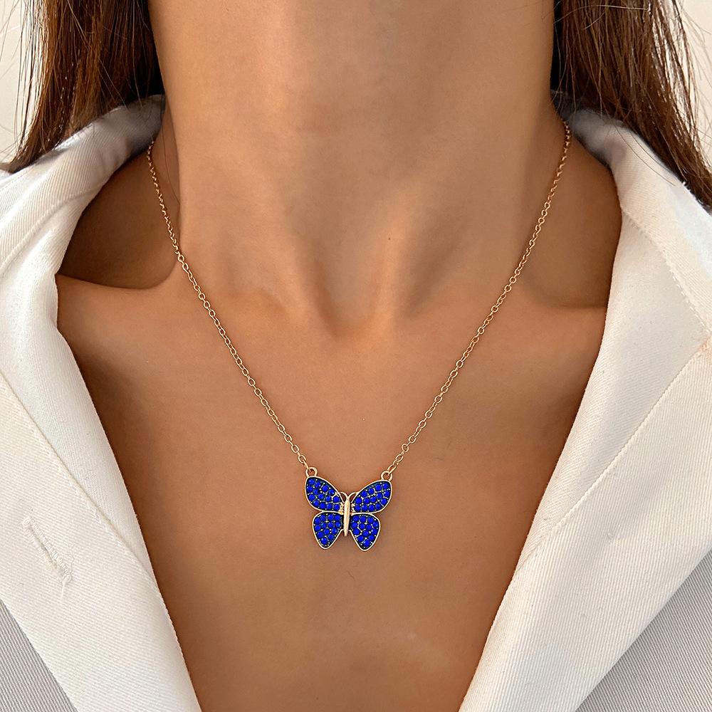 Ins full diamond butterfly necklace female retro fashion niche design blue butterfly pendant clavicle chain tide