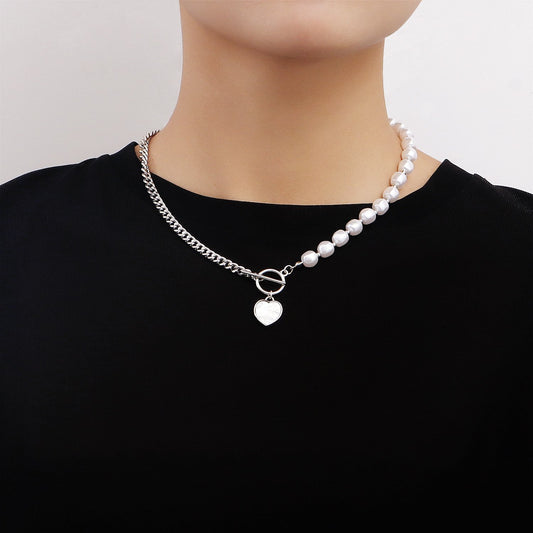 Jewelry stitching chain imitation pearl necklace love mother-of-pearl beaded necklace female clavicle chain light luxury feeling