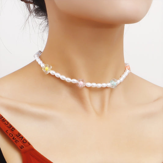 Jewelry French flower necklace female ins fashion all-match imitation pearl necklace
