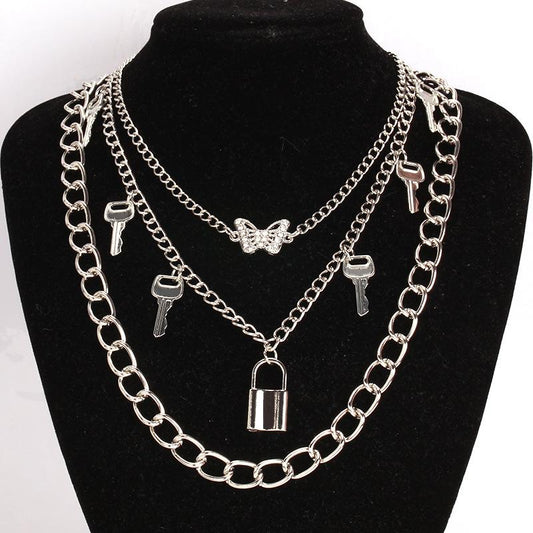 Minority Design Diamond Butterfly Necklace Female Simple Versatile Padlock Key Pendant Clavicle Chain Multi-layer Set Chain