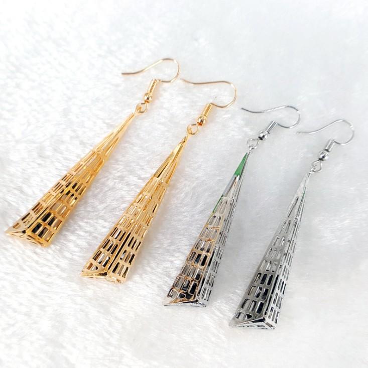 Long Pyramid Hollow Imitation Zircon Triangle Earhook Pendant Earring Jewelry Alloy Earrings Earrings