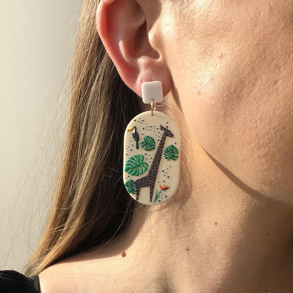 E9676 Earrings Female Cute Cartoon Owl Giraffe Earrings Creative Geometric Fun Earrings