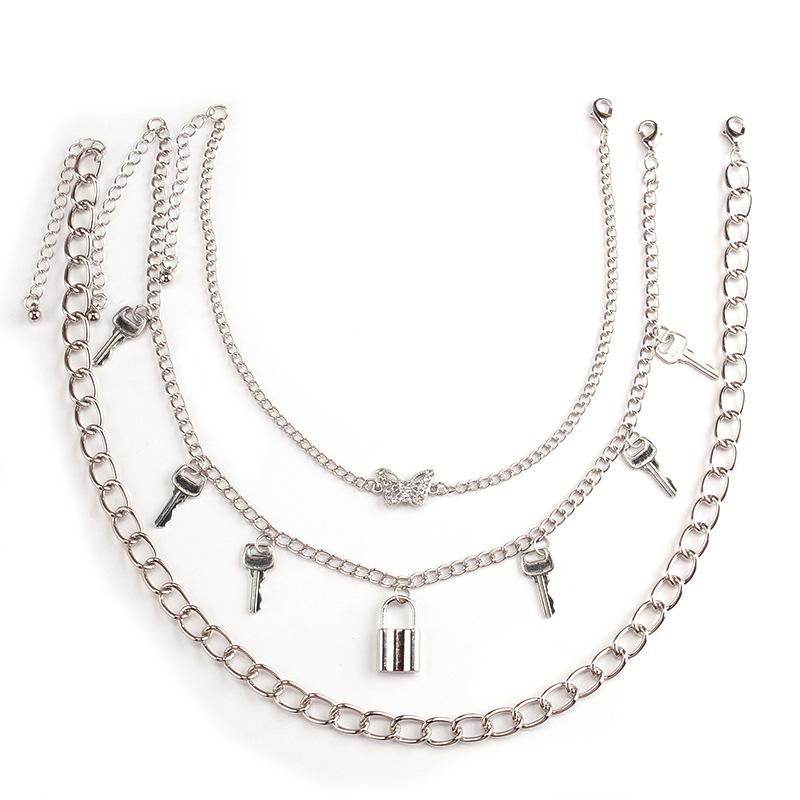 Minority Design Diamond Butterfly Necklace Female Simple Versatile Padlock Key Pendant Clavicle Chain Multi-layer Set Chain