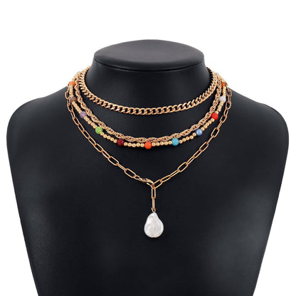 N1611 Bohemia Beach Vacation Stacked Necklace Beaded Chain Multilayer Exaggerated Geometric Necklace Women