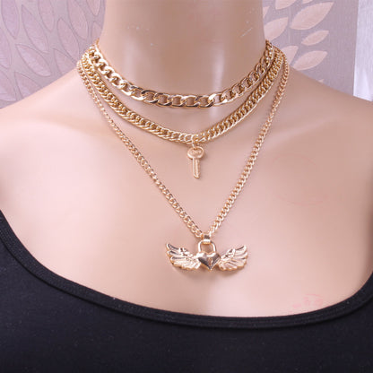 New year creative necklace personality exaggerated LOVE peach heart lock necklace female Valentine's Day multi-layer necklace female