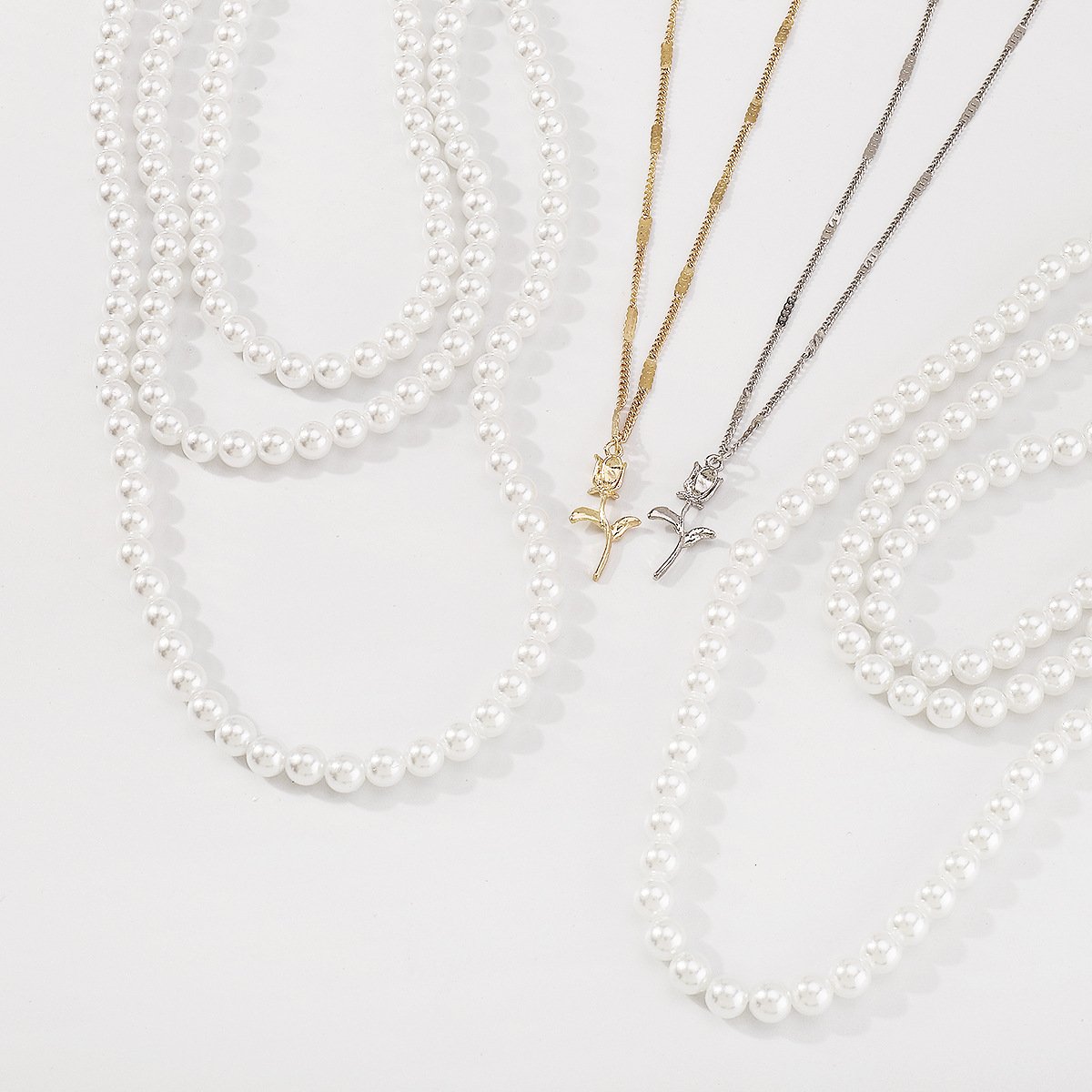 N1475 French light luxury romantic rose necklace imitation pearl stacked with personality temperament lady collarbone necklace