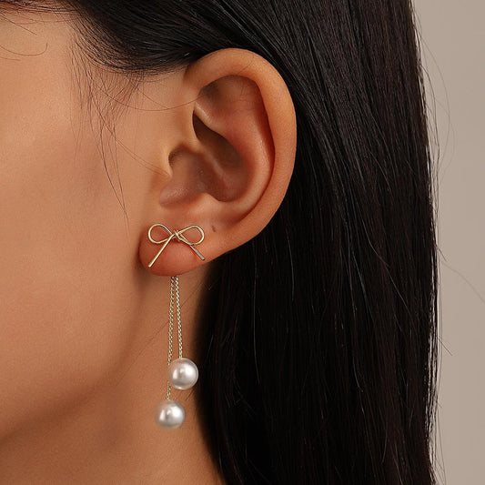 ins pearl tassel earrings women's French light luxury personality star bow earrings earrings earrings temperament earrings
