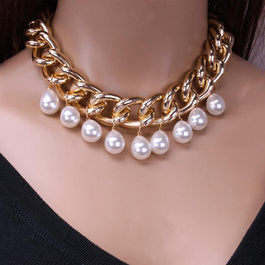 Jewelry Personality Water Drop Shape Imitation Pearl Tassel Necklace Exaggerated Punk Thick Chain Clavicle Necklace