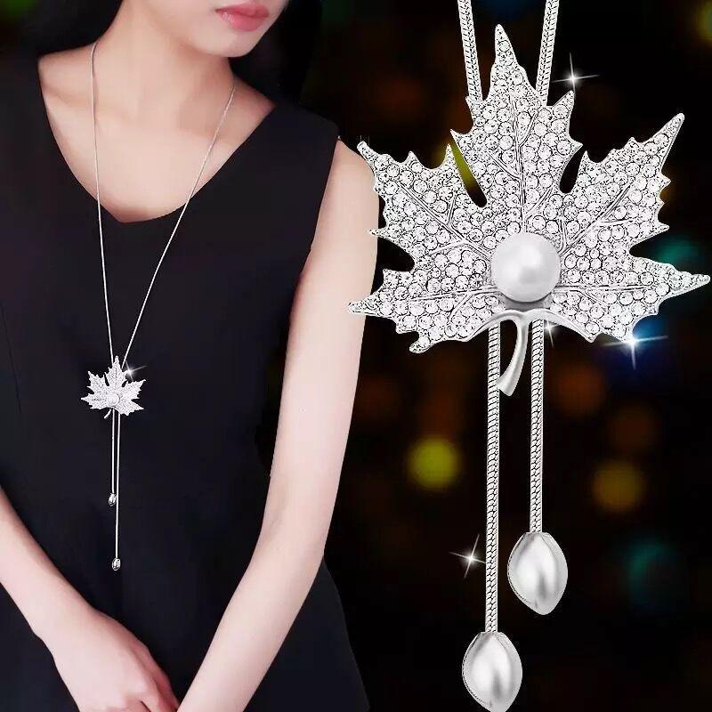 Retro Diamond Maple Leaf Necklace Female Fashion Temperament Crystal Peacock Flower Love Tulip Sweater Chain