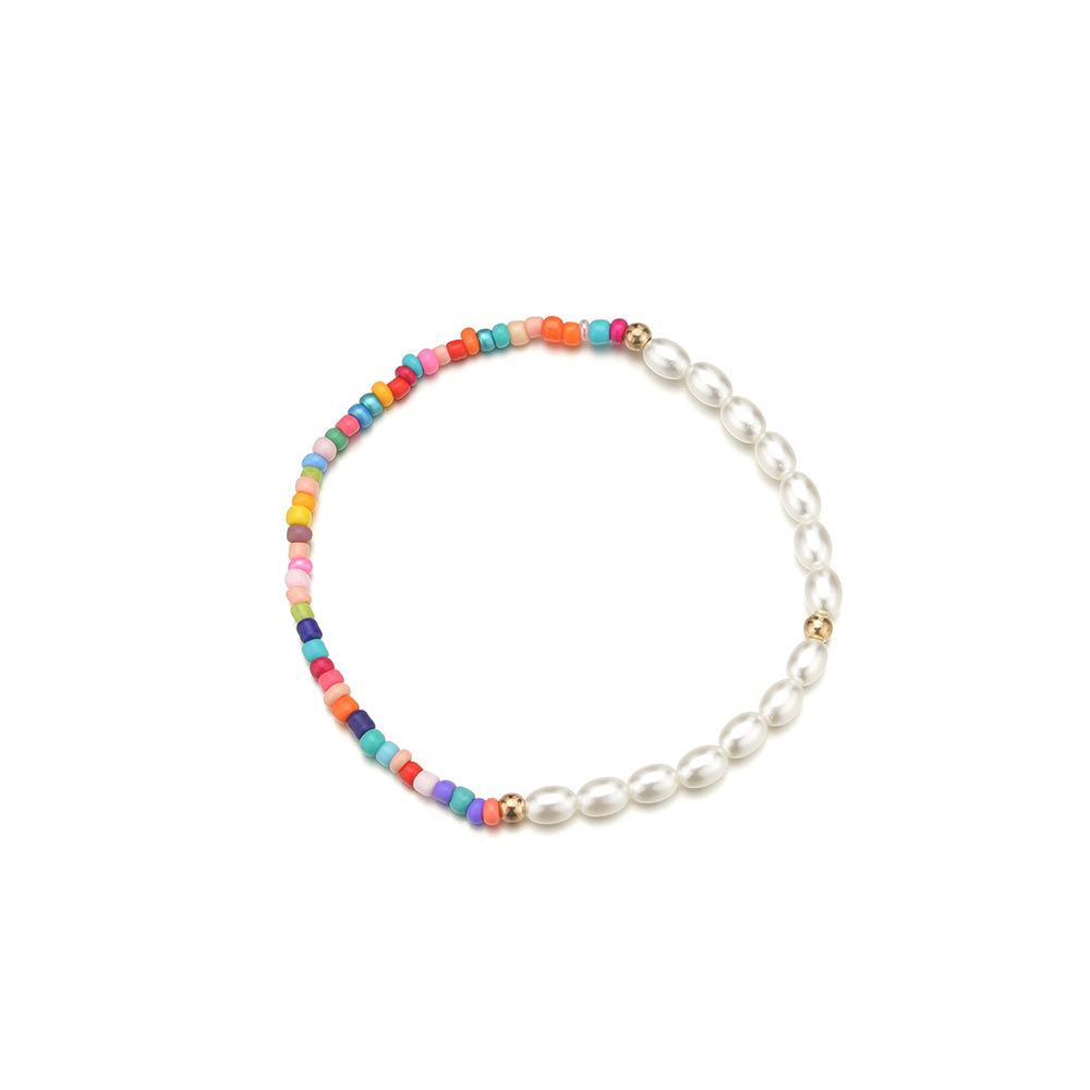 Fashion Oval Pearl Anklet Bohemian Vacation Colorful Rice Bead Elastic Thread Anklet Accessories