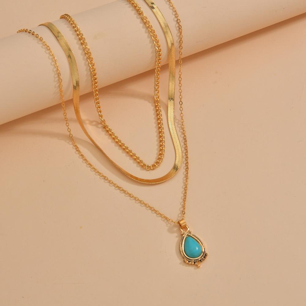 Vintage Resin Water Drop Pendant Necklace Fashion Multilayer Snake Chain Necklace Women Accessories