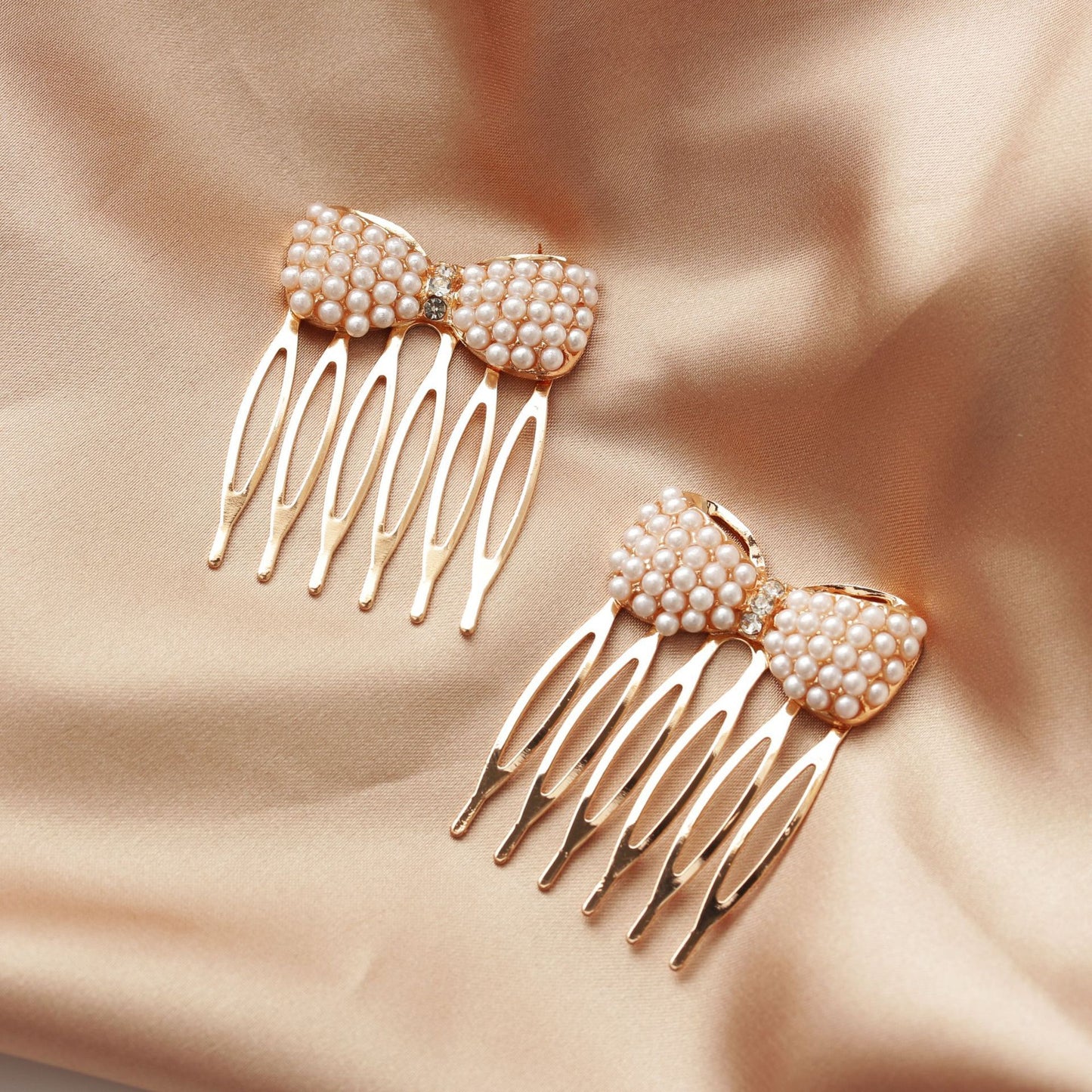 Hair Jewelry Rhinestone Pearl Bow Hair Comb Sweet Small Multi-tooth Flowing Sea Comb Inserting Comb