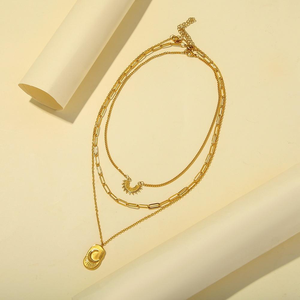 Stainless Steel 18k Gold Retro Frosty Moon Shield Trendy Three Layer Sun Clavicle Necklace Jewelry