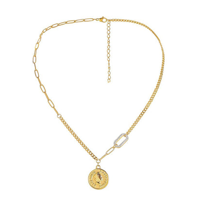 Creative ancient Roman portrait digital coin stainless steel titanium steel pendant necklace personality diamond clavicle chain female