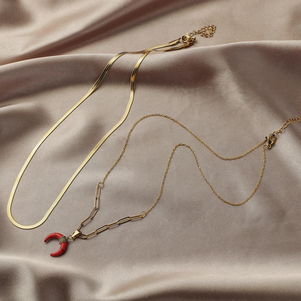 Specific light luxury design titanium steel double layer moon necklace flat snake chain collar turquoise crescent pendant necklace
