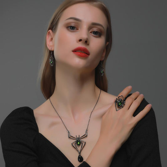 Halloween Jewelry Exaggerated Three-piece Spider Necklace Earrings Ring Retro Emerald Set Accessories