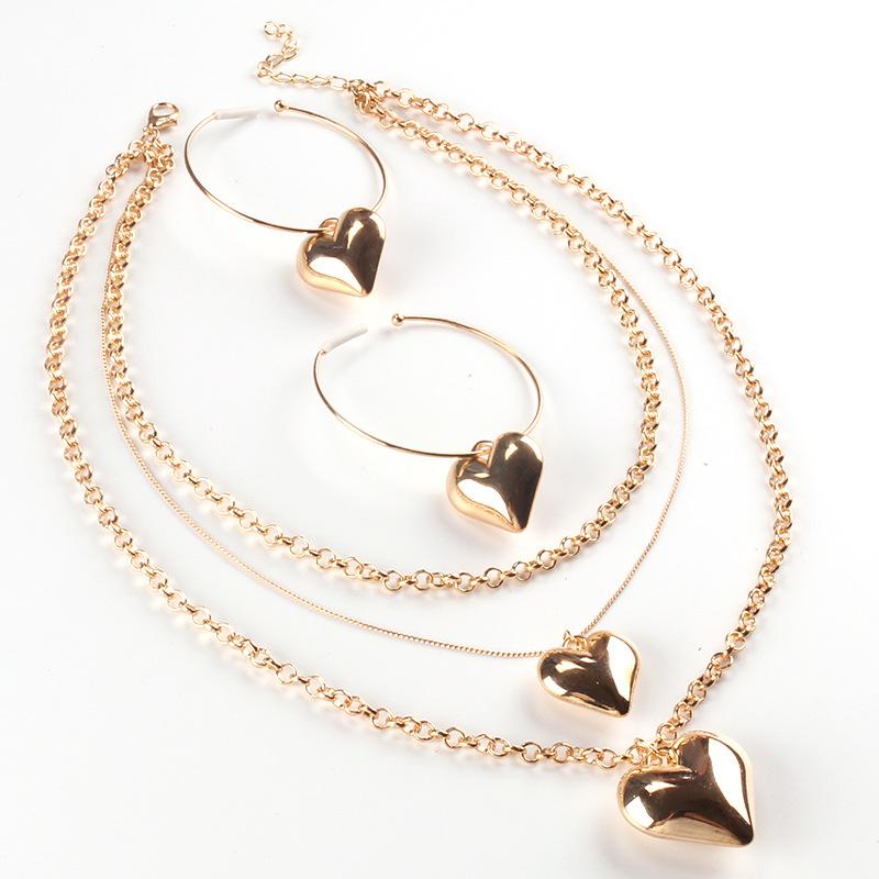 Jewelry Fashion Glossy Three-dimensional Love Pendant Earrings Necklace Women's Multi-layer Chain Peach Heart Necklace