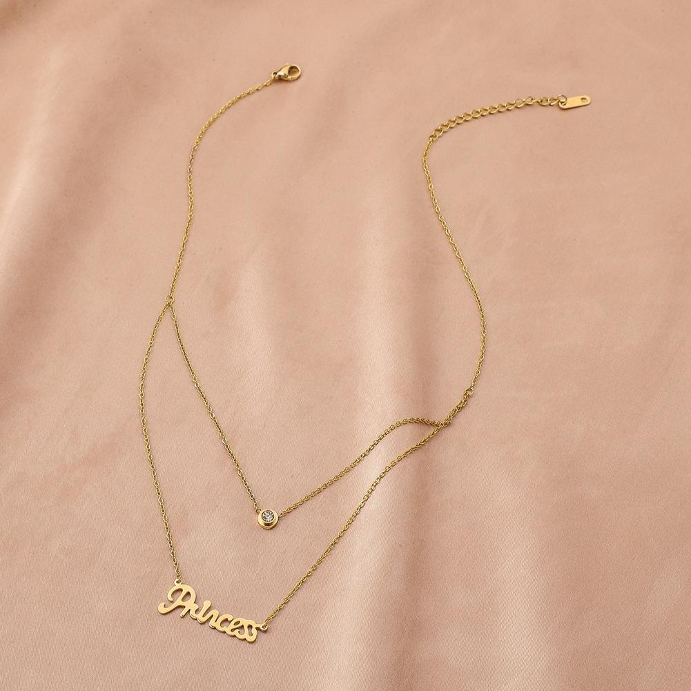 Stainless Steel Necklace Temperament Simple Design Letter Diamond Clavicle Chain Double Chain Necklace
