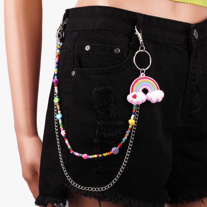 Double-layer pants chain rice bead chain trend rainbow monster pendant fashion street shooting color body chain