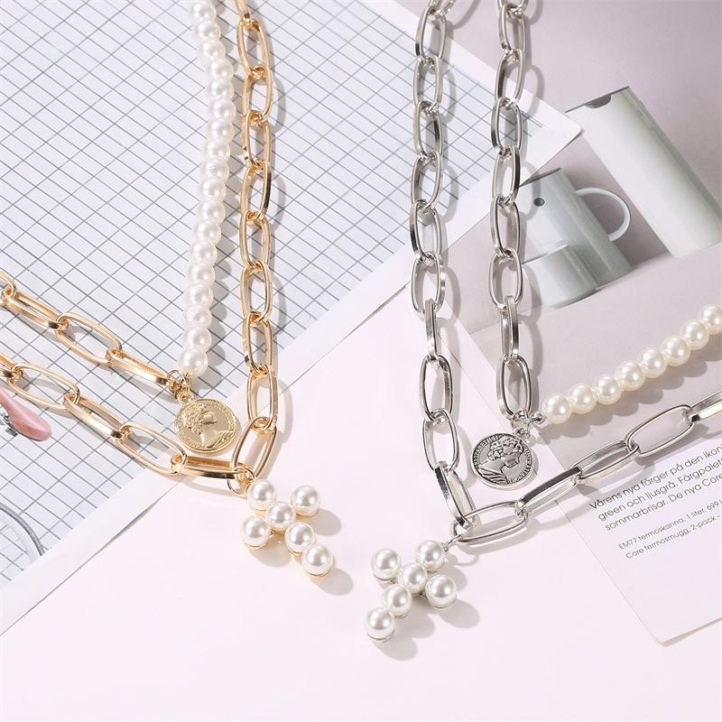 Necklace Exaggerated Pearl Cross Necklace Women's Thick Chain Multi-layer Disc Portrait Pendant