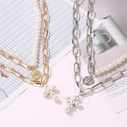 Necklace Exaggerated Pearl Cross Necklace Women's Thick Chain Multi-layer Disc Portrait Pendant