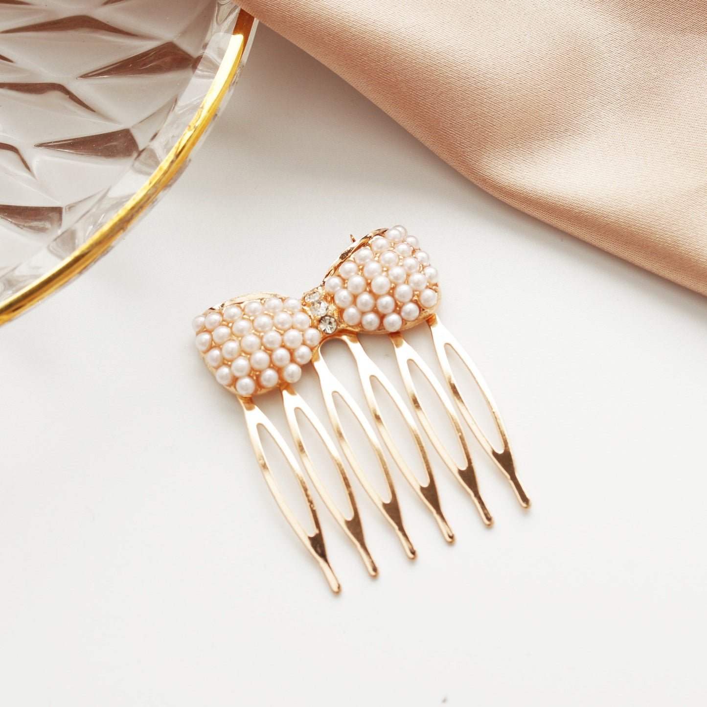 Hair Jewelry Rhinestone Pearl Bow Hair Comb Sweet Small Multi-tooth Flowing Sea Comb Inserting Comb