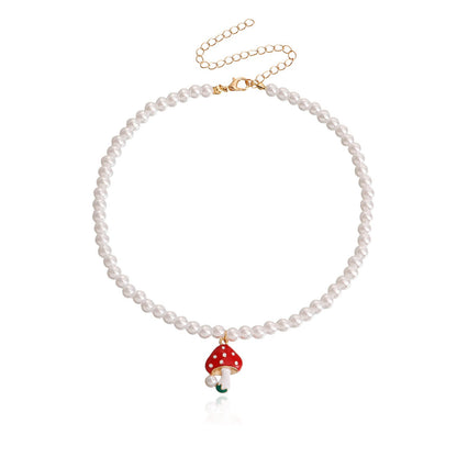 Jewelry ins imitation pearl red mushroom necklace necklace female retro all-match simple collarbone necklace