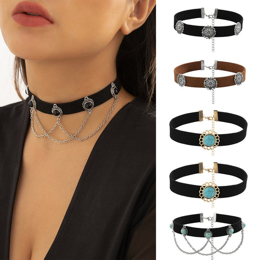 Jewelry Bohemian retro simple choker necklace metal tassel flower plate turquoise necklace