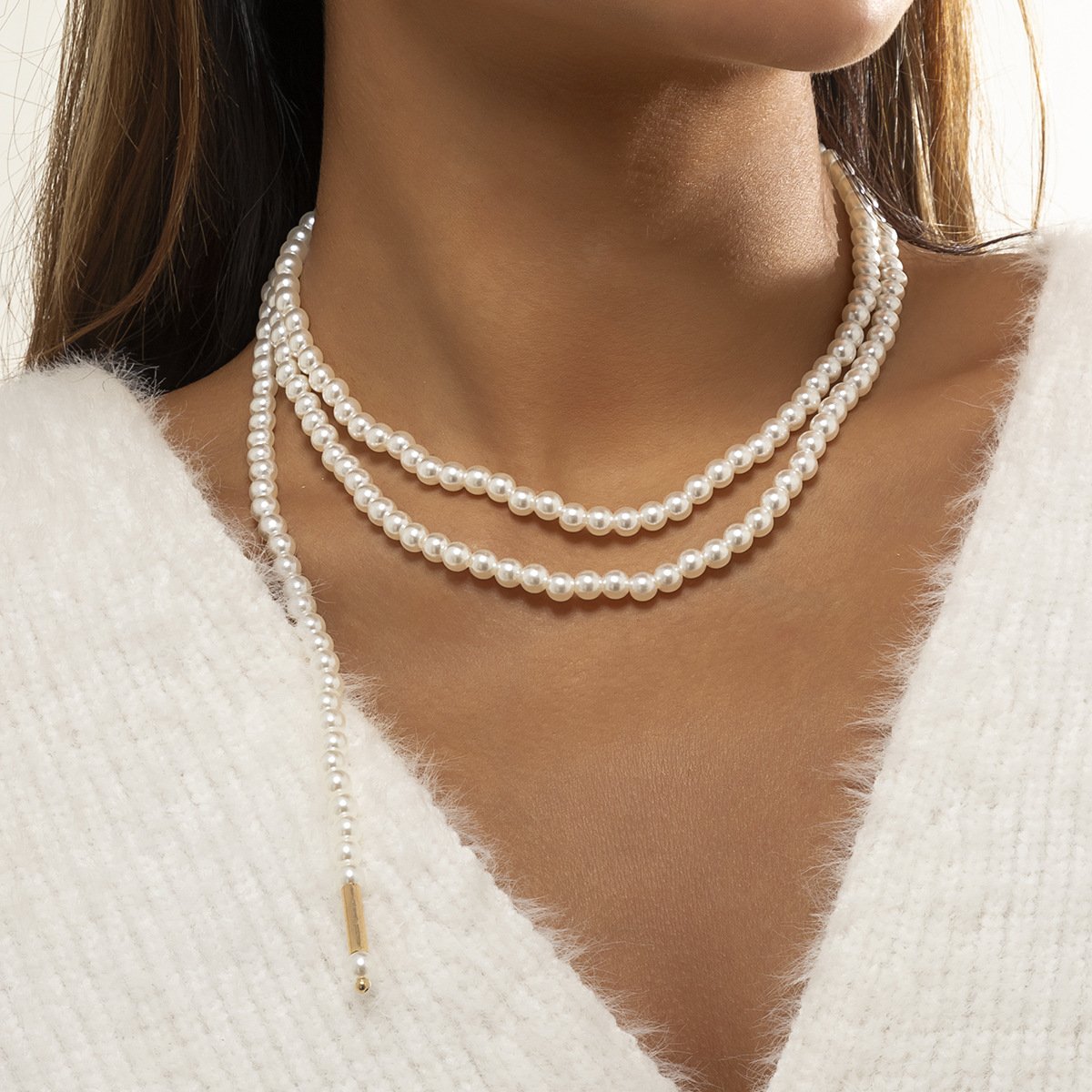 Jewelry Temperament Cold Pearl Tassel Necklace Retro Personality Geometric Beaded Clavicle Necklace